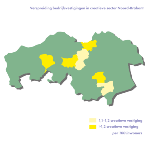 Kaart laat de Brabantse gemeenten met de meeste bedrijfsvestigingen in creatieve sector van Noord-Brabant zien. Eindhoven, Den Bosch, Breda en Breda hebben meeste vestigingen, met daarachter aangrenzende gemeenten zoals Vught, Waalre, Oisterwijk en Heeze-Leende.