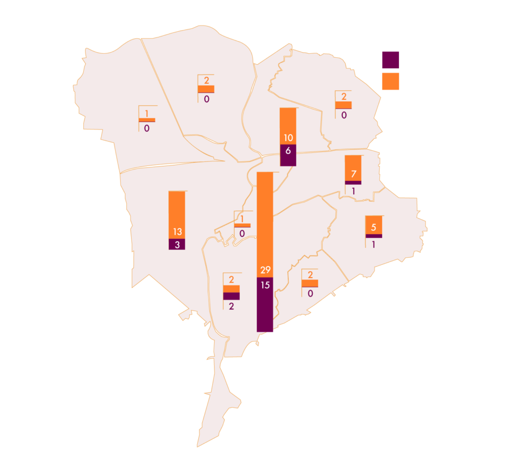 De afbeelding laat de verdeling van cultuurlocaties over Breda zien, met een duidelijke clustering het centrum, maar ook veel locaties in Breda-Noord en Breda-West.