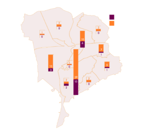 De afbeelding laat de verdeling van cultuurlocaties over Breda zien, met een duidelijke clustering het centrum, maar ook veel locaties in Breda-Noord en Breda-West.