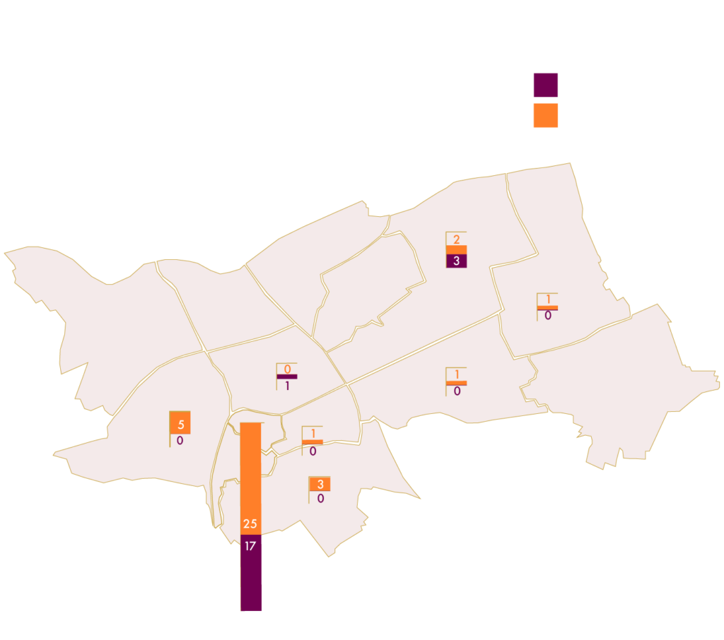 Een kaart toont de verdeling van cultuurlocaties over Den Bosch, met een sterke clustering in het centrum.