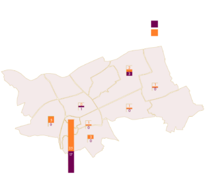 Een kaart toont de verdeling van cultuurlocaties over Den Bosch, met een sterke clustering in het centrum.