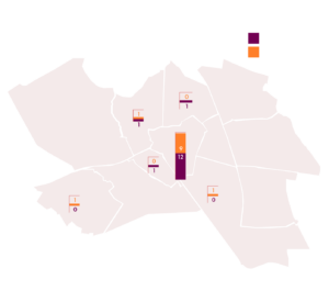 Een kaart toont de verdeling van cultuurlocaties in Helmond, met een zeer sterke clustering in het centrum.