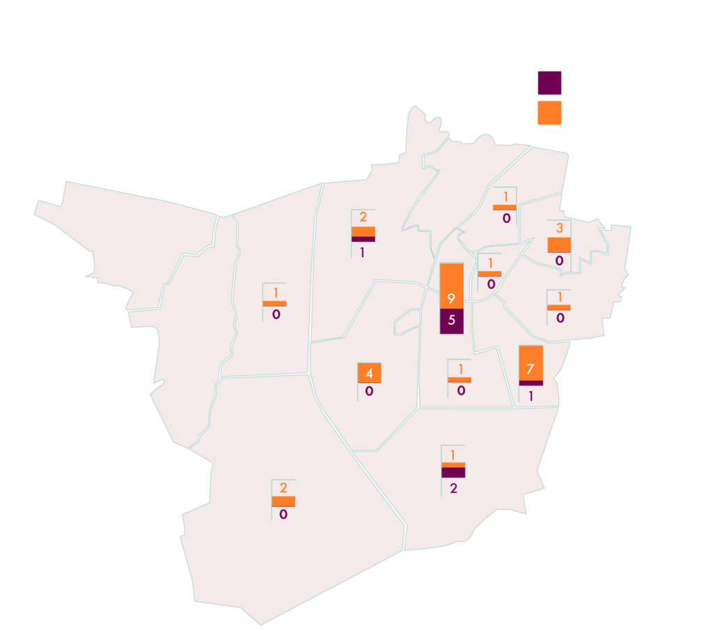 De afbeelding toont de verdeling van cultuurlocaties over Roosendaal, met een duidelijke clustering in het centrum, maar ook veel ongesubsidieerde locaties in de wijk Langendonk.