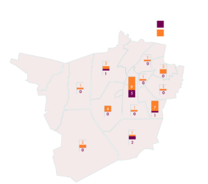 De afbeelding toont de verdeling van cultuurlocaties over Roosendaal, met een duidelijke clustering in het centrum, maar ook veel ongesubsidieerde locaties in de wijk Langendonk.