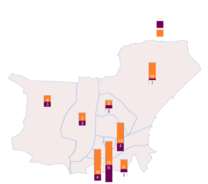 De afbeelding toont de verdeling van cultuurlocaties in Tilburg, met een clustering het centrum, Oud-Zuid en Oud-Noord, maar opvallend dat er in iedere wijk gesubsidieerde en ongesubsidieerde locaties aanwezig zijn.