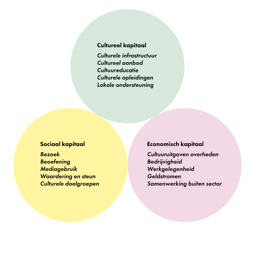 Cultureel kapitaal: Culturele infrastructuur, Cultureel aanbod, Cultuureducatie, Culturele opleidingen, Ondersteuning; Sociaal kapitaal: Bezoek, Beoefening, Mediagebruik, Waardering en steun, Culturele doelgroepen; Economisch kapitaal: Cultuuruitgaven overheden, Bedrijvigheid, Werkgelegenheid, Geldstromen, Samenwerking buiten de sector